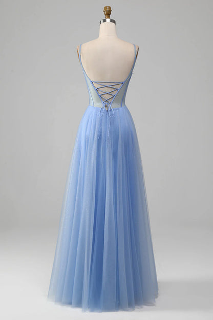 Amzcw Light Blue A-Line V Neck Tulle Long Prom Dress With Appliques prom dresses with long sleeves