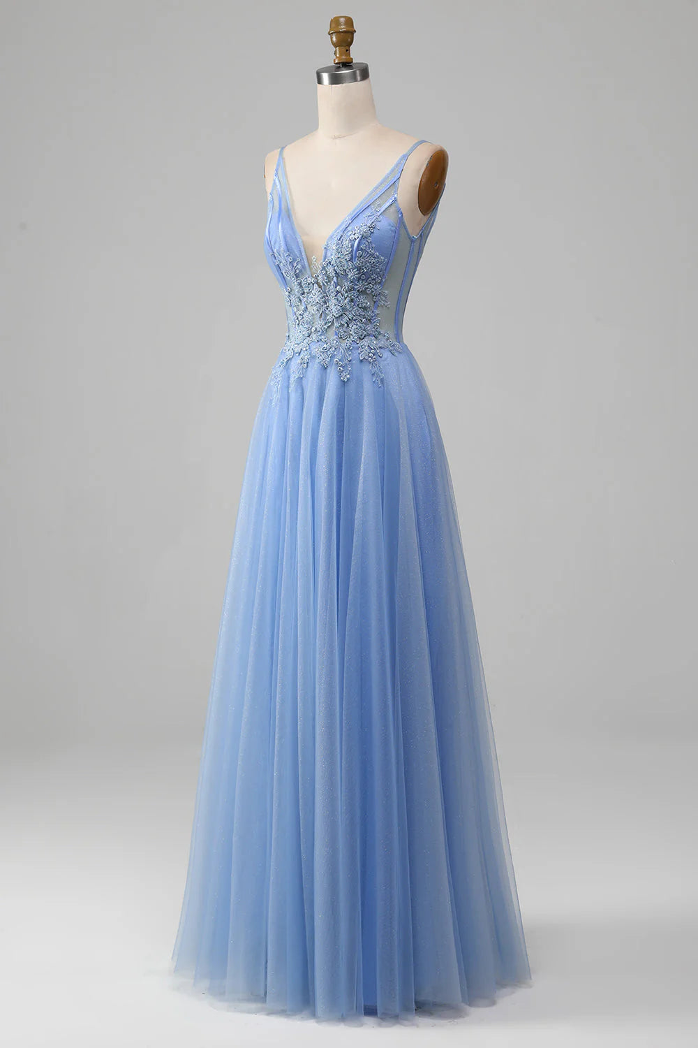 Amzcw Light Blue A-Line V Neck Tulle Long Prom Dress With Appliques prom dresses with long sleeves