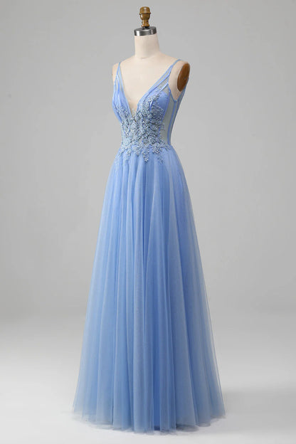 Amzcw Light Blue A-Line V Neck Tulle Long Prom Dress With Appliques prom dresses with long sleeves