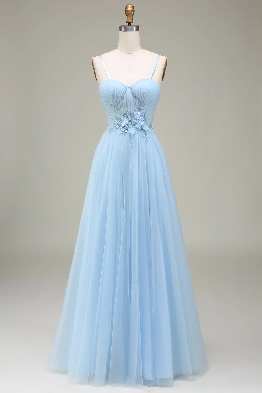 Amzcw Sparkly Light Blue A-Line Tulle Long Prom Dress With Appliques prom dresses with long sleeves