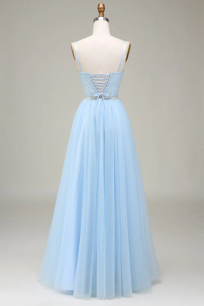 Amzcw Sparkly Light Blue A-Line Tulle Long Prom Dress With Appliques prom dresses with long sleeves