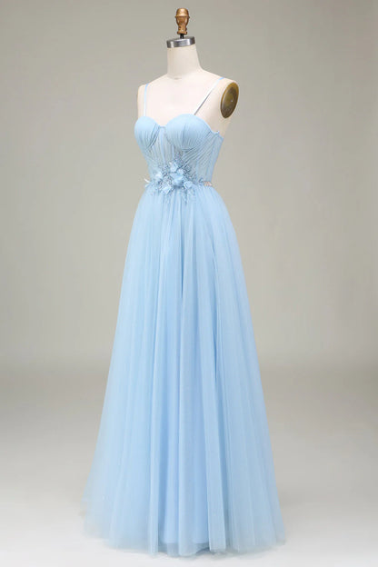 Amzcw Sparkly Light Blue A-Line Tulle Long Prom Dress With Appliques prom dresses with long sleeves