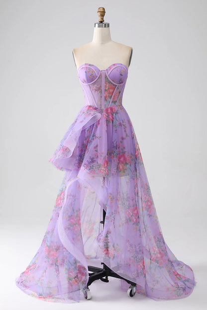 Amzcw Purple Printed A-Line Sweetheart Strapless Corset Prom Dress With Slit prom dresses shops