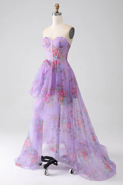 Amzcw Purple Printed A-Line Sweetheart Strapless Corset Prom Dress With Slit prom dresses shops