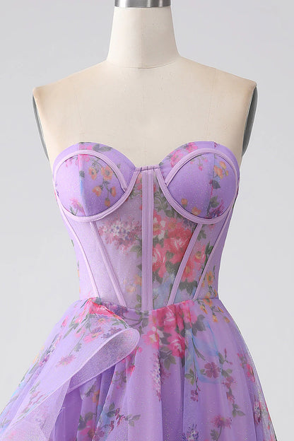 Amzcw Purple Printed A-Line Sweetheart Strapless Corset Prom Dress With Slit prom dresses shops