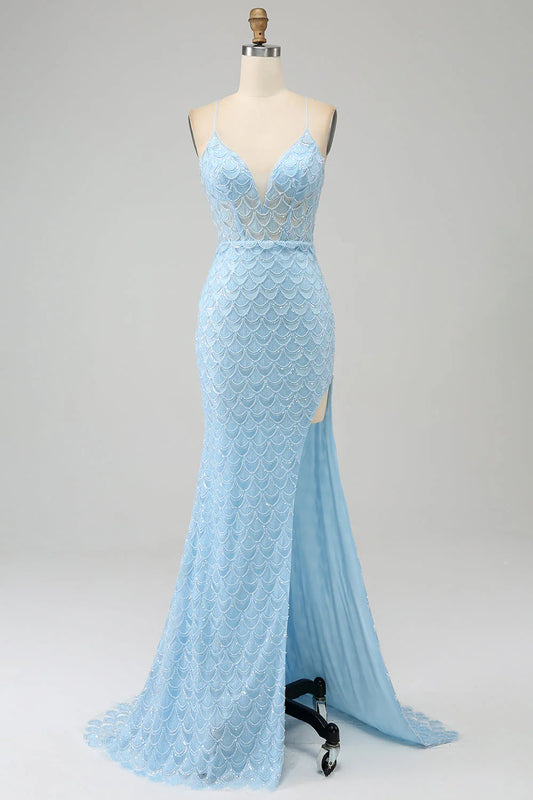 Amzcw Glitter Sky Blue Mermaid Spaghetti Straps Long Prom Dress with Slit prom dresses shops