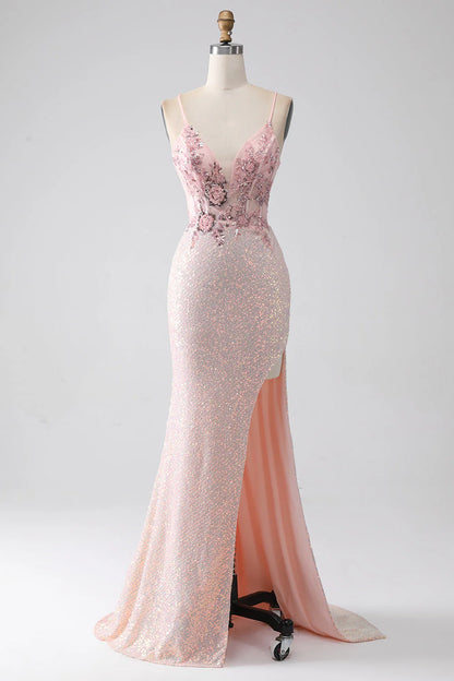 Amzcw Glitter Pink Mermaid Spaghetti Straps Beaded Prom Dress with Slit prom dresses shops