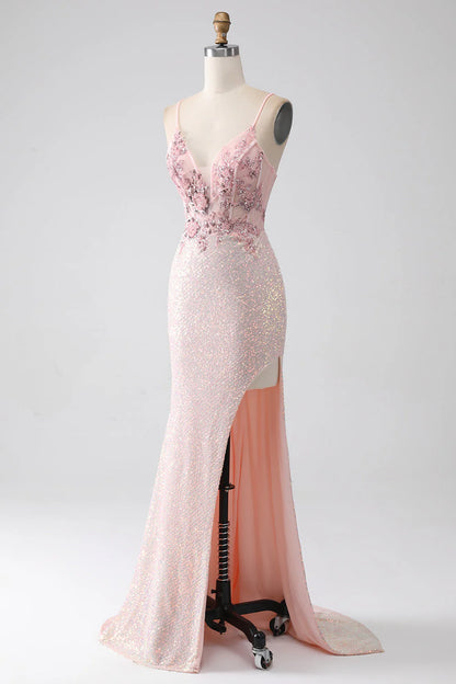 Amzcw Glitter Pink Mermaid Spaghetti Straps Beaded Prom Dress with Slit prom dresses shops