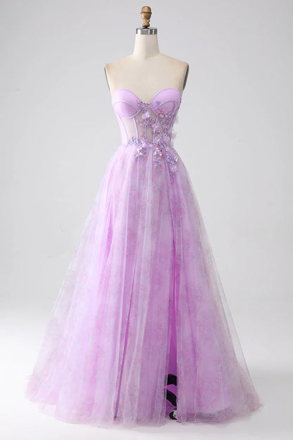 Amzcw Lavender Printed A-Line Sweetheart Strapless Beaded Corset Prom Dress with Slit prom dresses shops