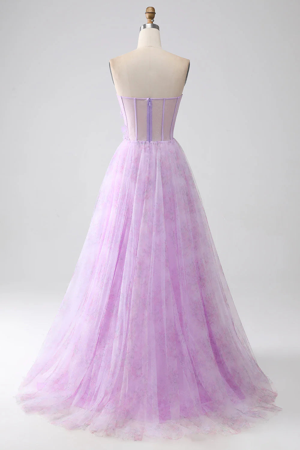 Amzcw Lavender Printed A-Line Sweetheart Strapless Beaded Corset Prom Dress with Slit prom dresses shops