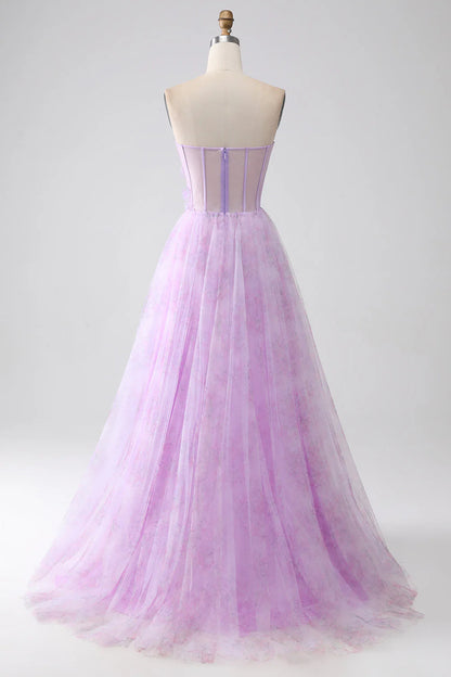 Amzcw Lavender Printed A-Line Sweetheart Strapless Beaded Corset Prom Dress with Slit prom dresses shops