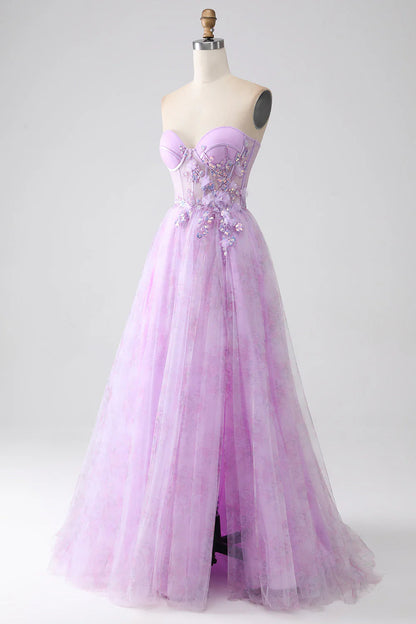 Amzcw Lavender Printed A-Line Sweetheart Strapless Beaded Corset Prom Dress with Slit prom dresses shops