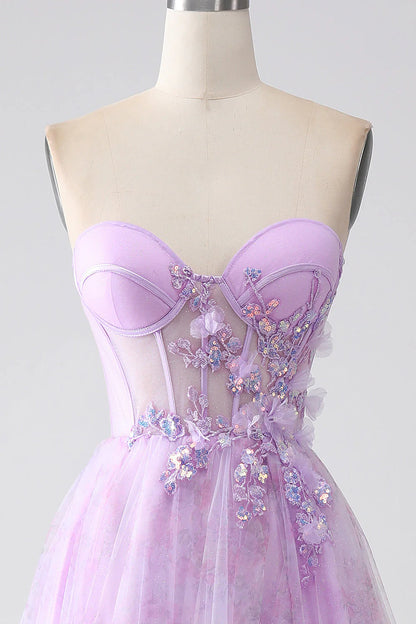 Amzcw Lavender Printed A-Line Sweetheart Strapless Beaded Corset Prom Dress with Slit prom dresses shops