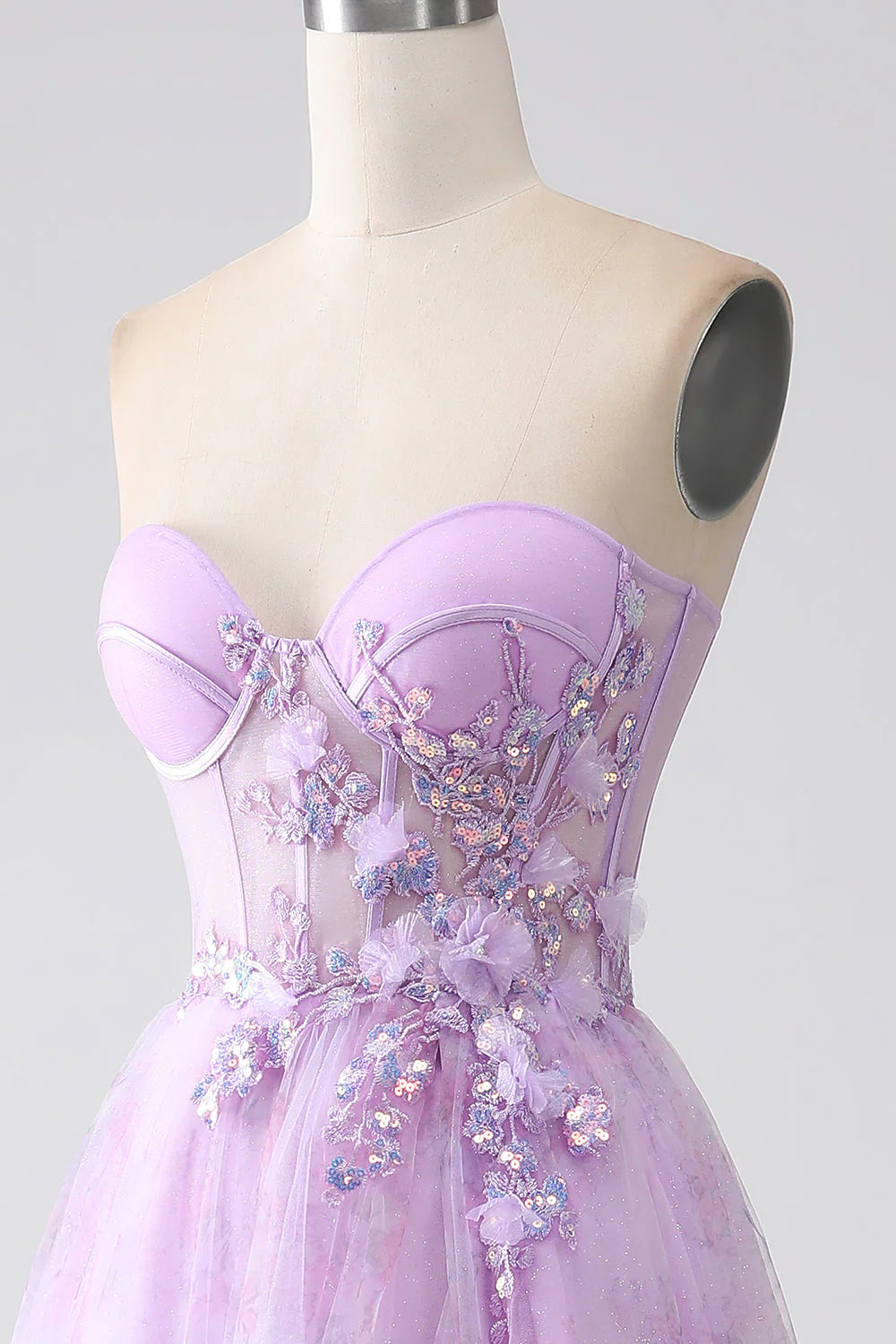 Amzcw Lavender Printed A-Line Sweetheart Strapless Beaded Corset Prom Dress with Slit prom dresses shops