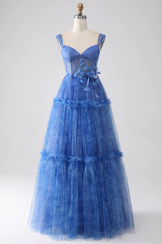 Amzcw Blue Printed A Line Tulle Corset Long Prom Dress With Appliques long sleeve long dresses prom