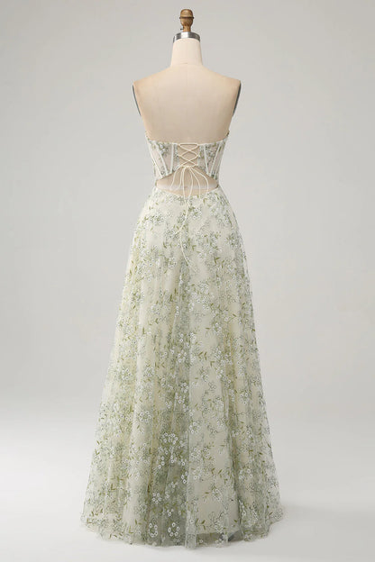 Amzcw Light Green A-Line Sweetheart Corset Long Prom Dress with Embroidery