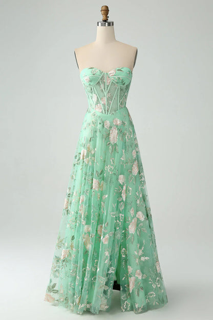 Amzcw Green A-Line Sweetheart Corset Long Prom Dress with Embroidery