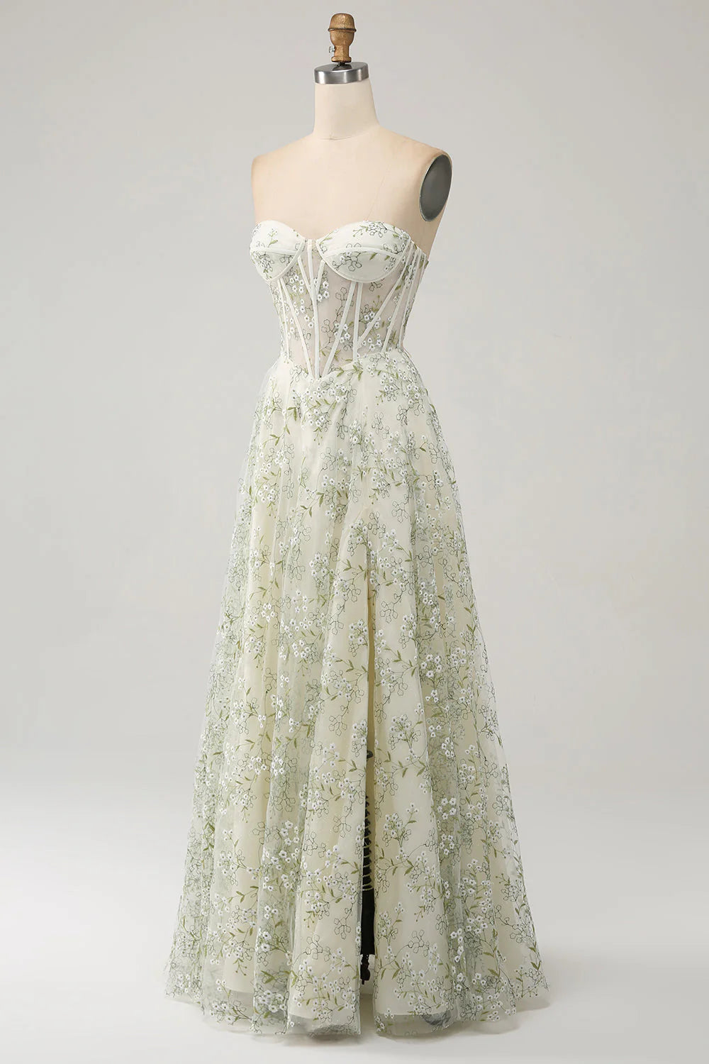 Amzcw Light Green A-Line Sweetheart Corset Long Prom Dress with Embroidery