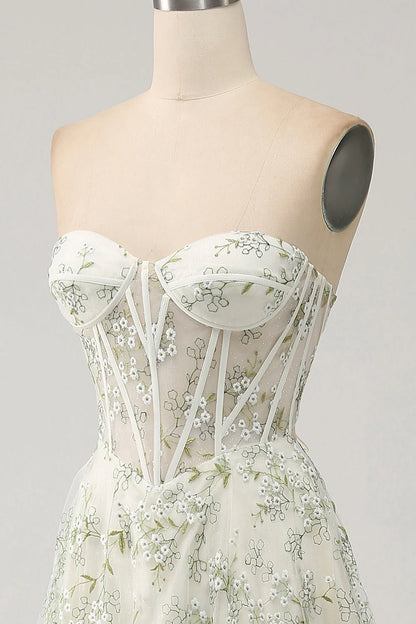 Amzcw Light Green A-Line Sweetheart Corset Long Prom Dress with Embroidery