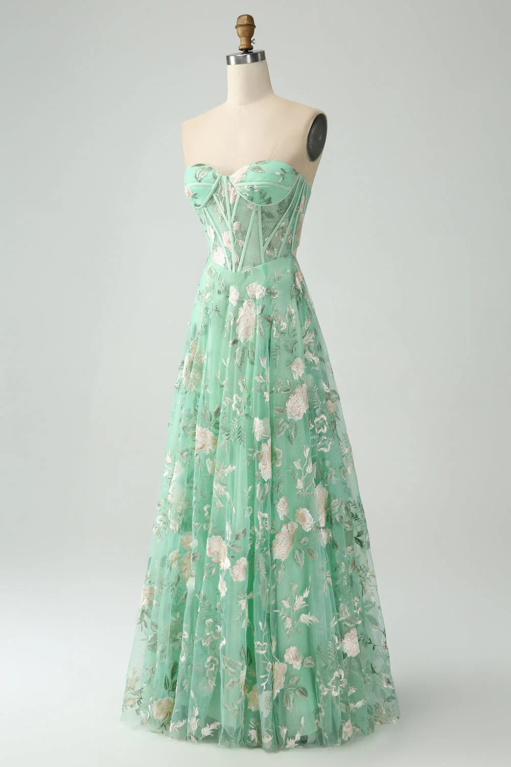 Amzcw Green A-Line Sweetheart Corset Long Prom Dress with Embroidery