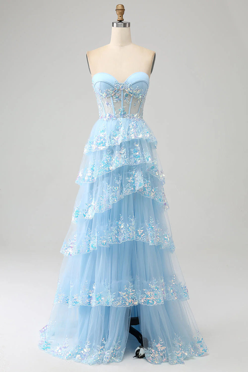 Amzcw Light Blue Princess A Line Sweetheart Tiered Sequin Tulle Prom Dress With Slit prom dresses shops