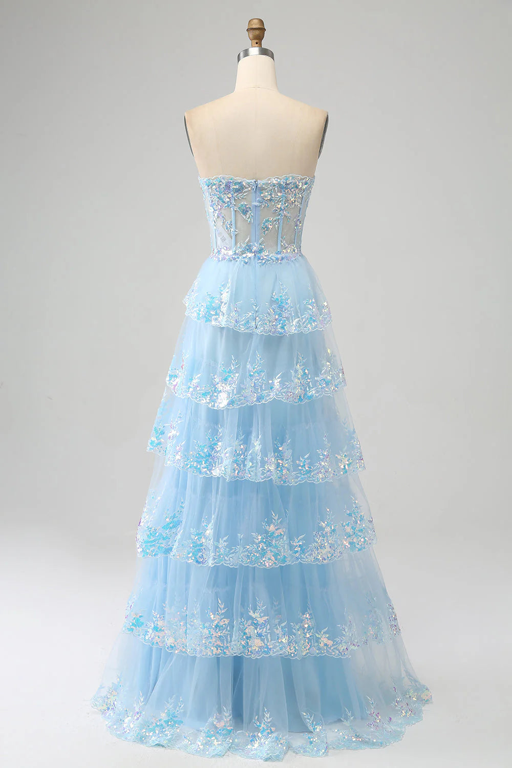 Amzcw Light Blue Princess A Line Sweetheart Tiered Sequin Tulle Prom Dress With Slit prom dresses shops