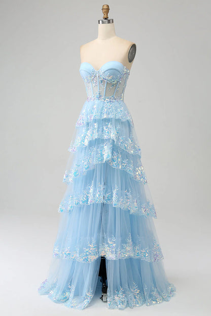 Amzcw Light Blue Princess A Line Sweetheart Tiered Sequin Tulle Prom Dress With Slit prom dresses shops