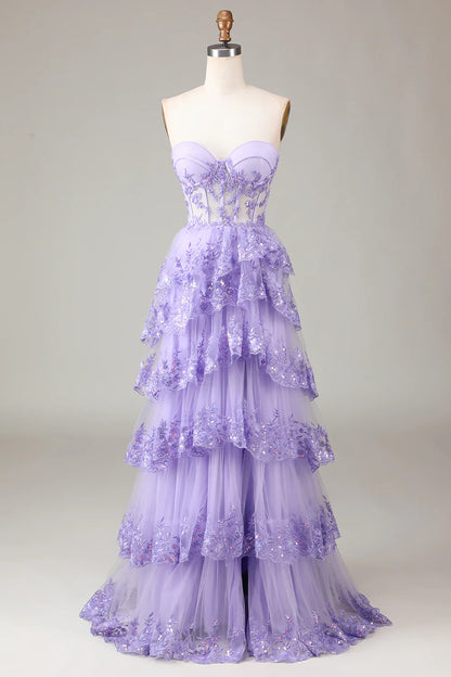 Amzcw Lavender Strapless Tiered Tulle Corset Prom Dress with Appliques