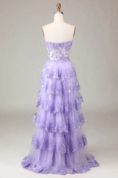 Amzcw Lavender Strapless Tiered Tulle Corset Prom Dress with Appliques