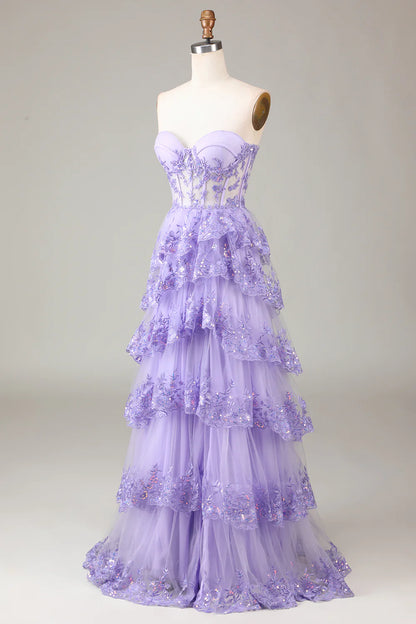 Amzcw Princess Purple A Line Sweetheart Tiered Sequin Tulle Prom Dress