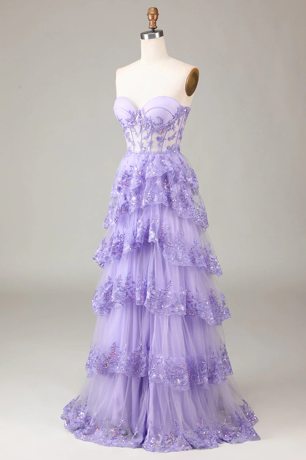 Amzcw Purple Princess A Line Sweetheart Tiered Sequin Tulle Prom Dress With Slit prom dresses shops