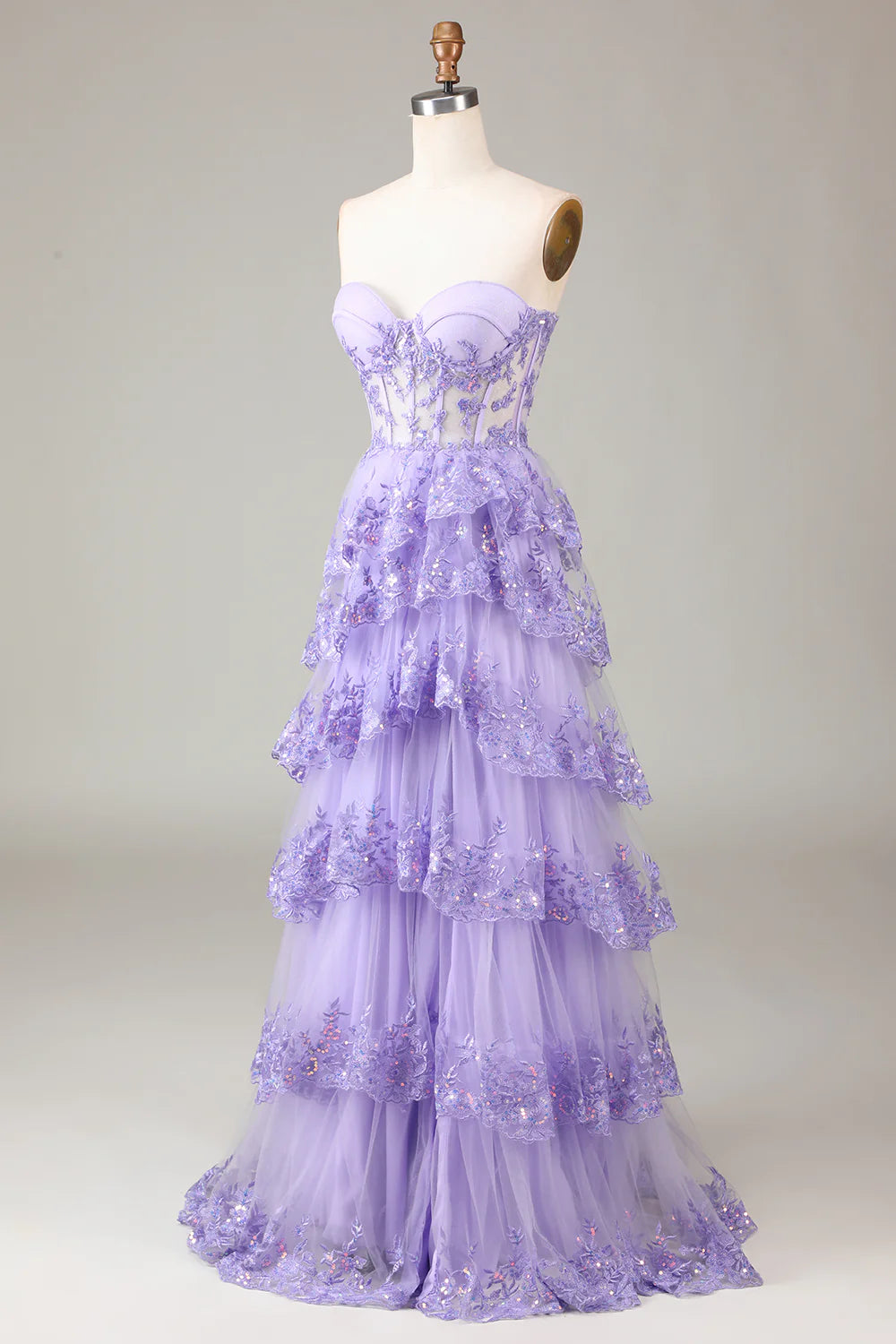 Amzcw Lavender Strapless Tiered Tulle Corset Prom Dress with Appliques