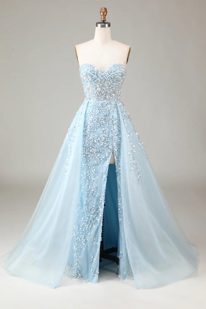 Amzcw Sparkly Light Blue A Line Sweetheart Long Prom Dress With Sequins long prom dresses with sleeves