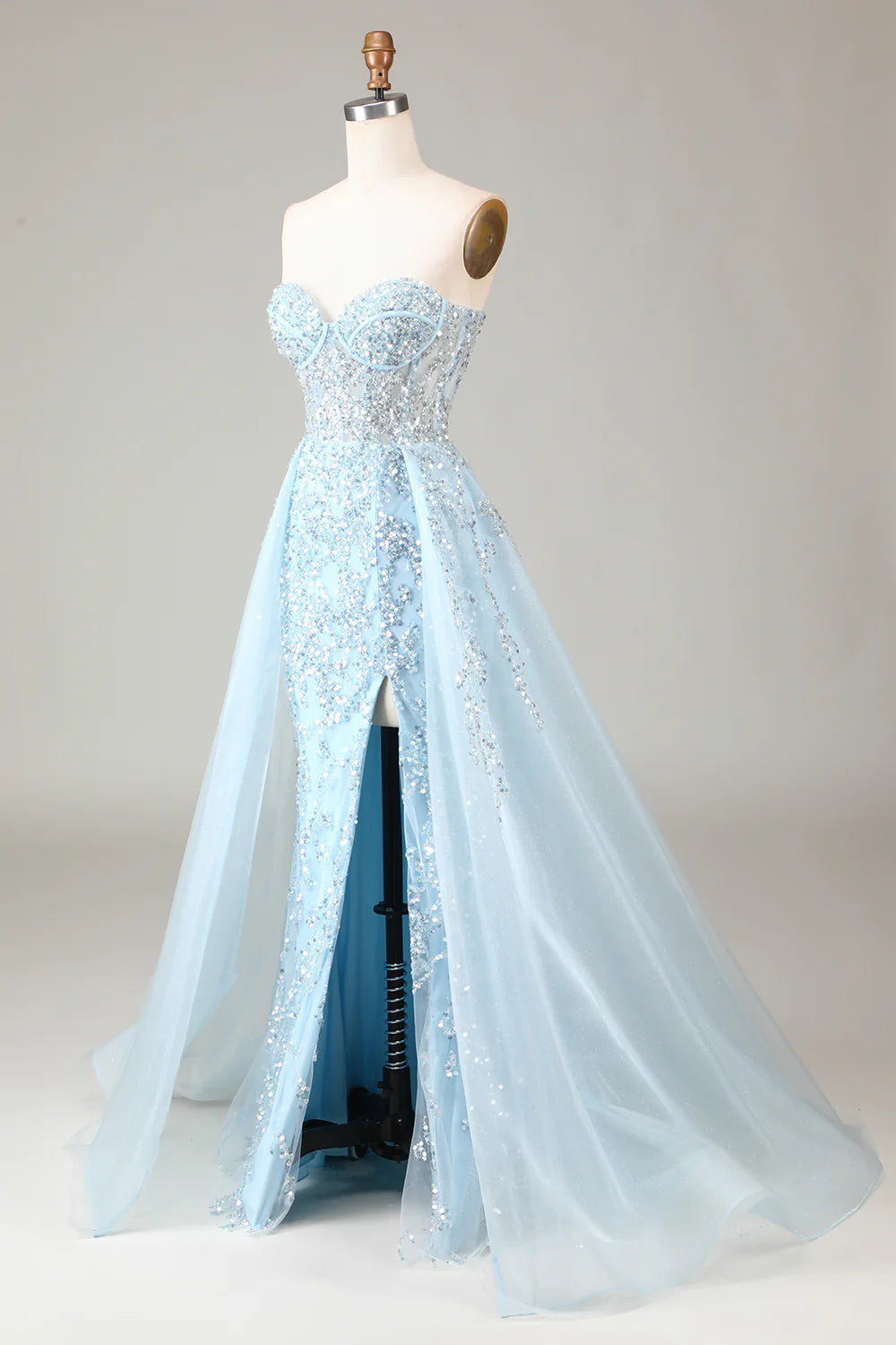 Amzcw Sparkly Light Blue A Line Sweetheart Long Prom Dress With Sequins long prom dresses with sleeves