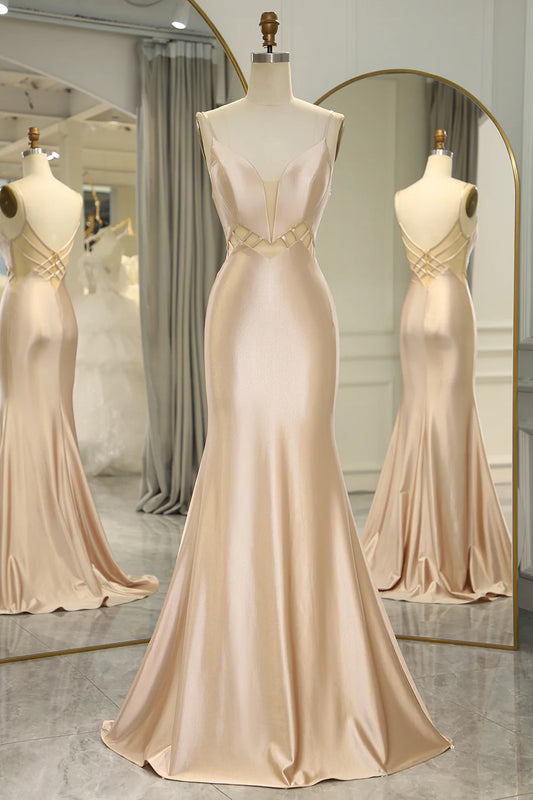 Amzcw Champagne Mermaid Spaghetti Straps Backless Long Prom Dress prom dresses with long sleeves