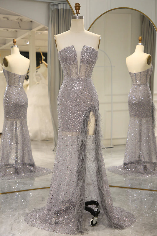 Amzcw Mermaid Sparkly Grey Sequin Corset Long Prom Dress With Feather Slit