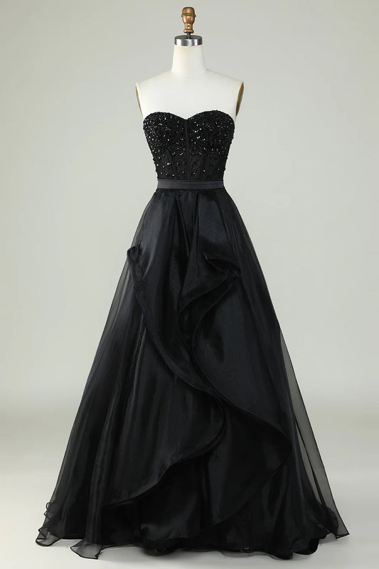 Amzcw Princess A Line Sweetheart Black Strapless Ball Gown Formal Evening Dress