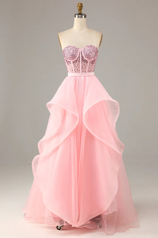 Amzcw Pink Princess A Line Sweetheart Strapless Formal Evening Dress prom dresses with long sleeves