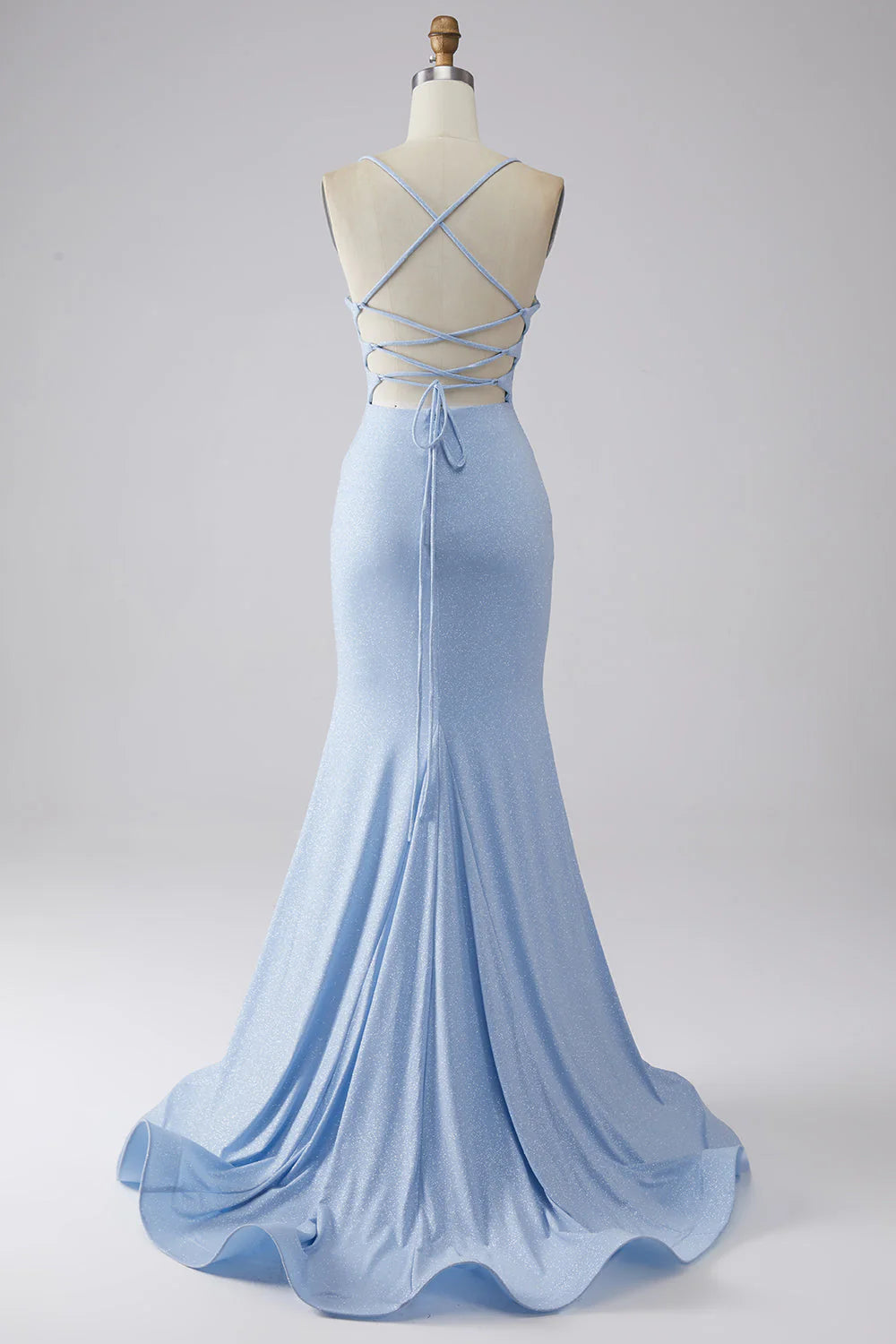 Amzcw Sparkly Light Blue Mermaid Spaghetti Straps Long Prom Dress with Slit