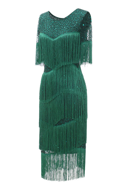 Dark Green Round Neck 1920s Dress With Fringes