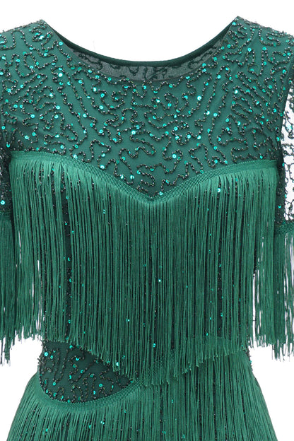 Dark Green Round Neck 1920s Dress With Fringes