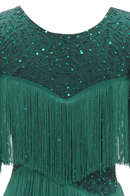 Dark Green Round Neck 1920s Dress With Fringes