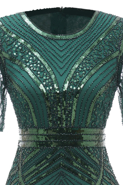 Dark Green Short Sleeves 1920s Dress With Fringes