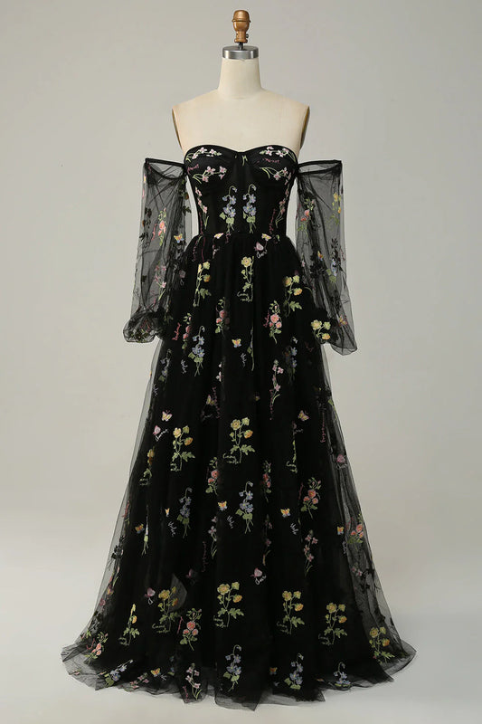 Amzcw A Line Off The Shoulder Long Sleeves Black Tull Prom Dress with Embroidery