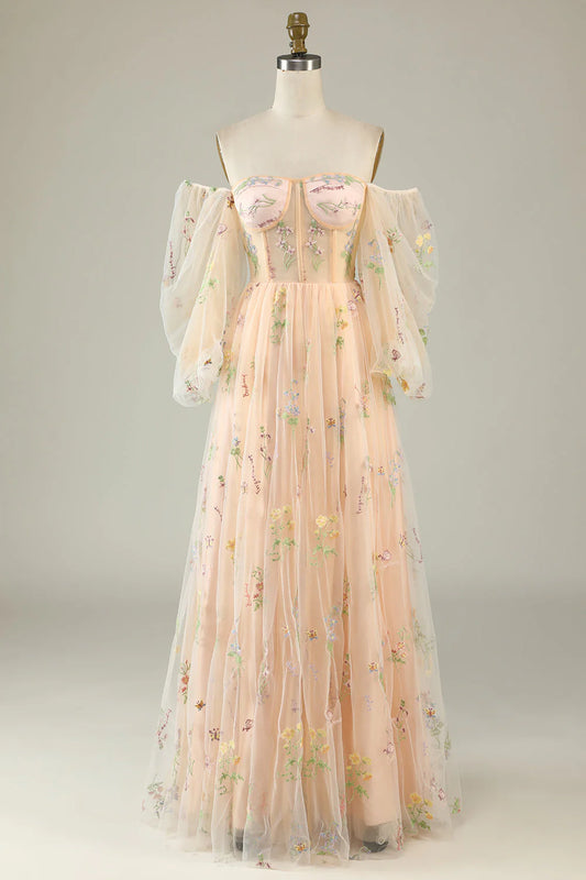 Amzcw A Line Off The Shoulder Long Sleeves Champagne Tull Prom Dress with Embroidery