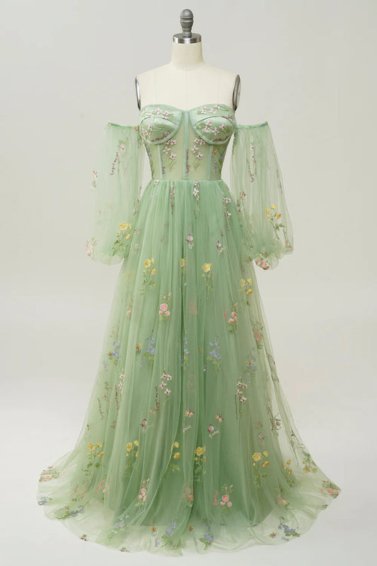 Green Off The Shoulder Long Sleeves A-Line Prom Dress