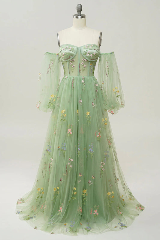 Amzcw Green A-Line Off The Shoulder Floor Length Dress With Embroidery prom dresses shops