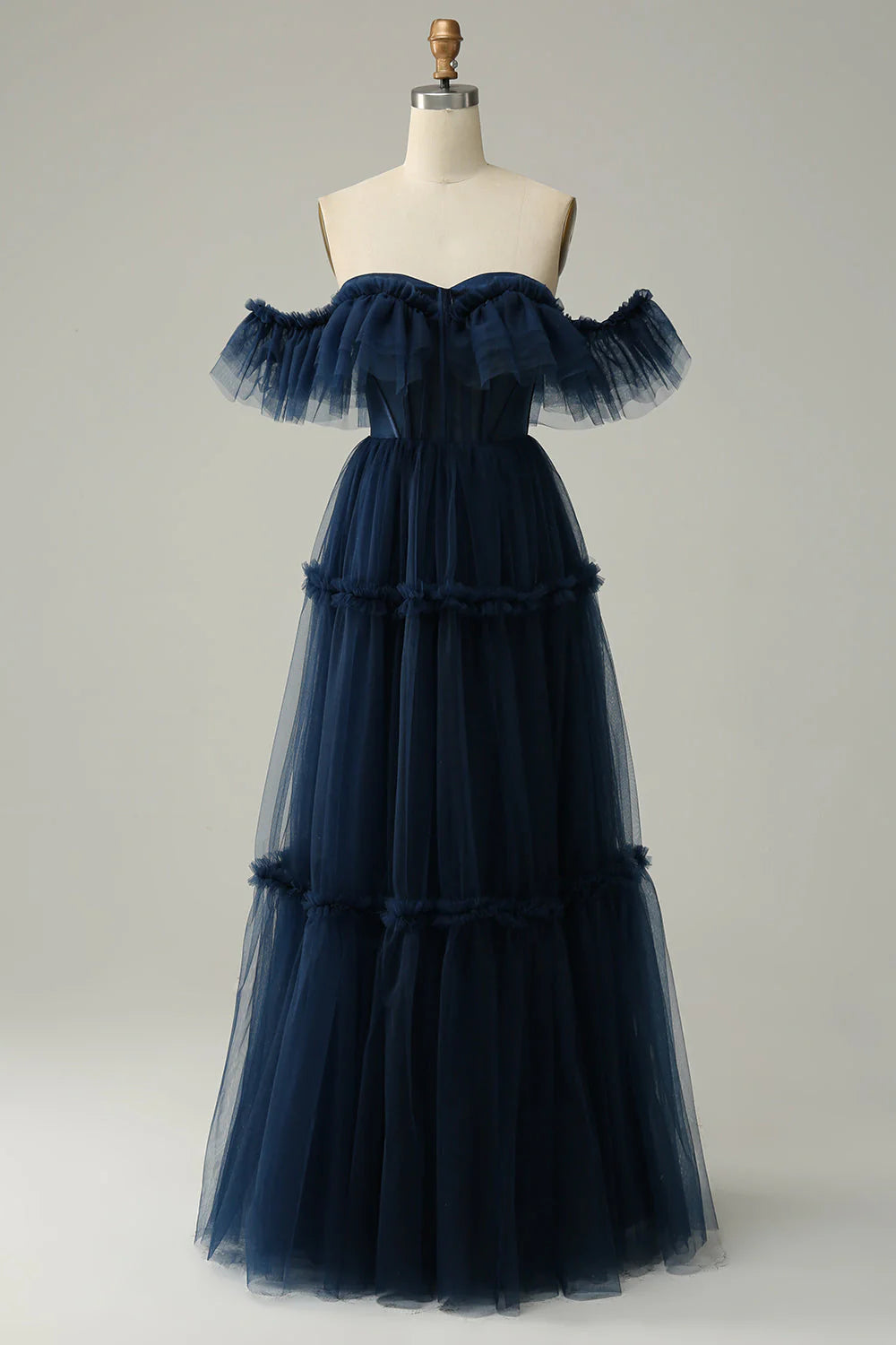 Amzcw Navy A-Line Off the Shoulder Sweetheart Tulle Long Prom Dress