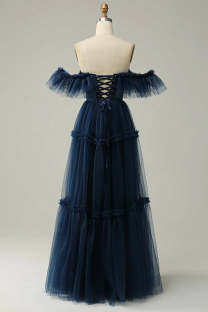 Amzcw Navy A-Line Off the Shoulder Sweetheart Tulle Long Prom Dress