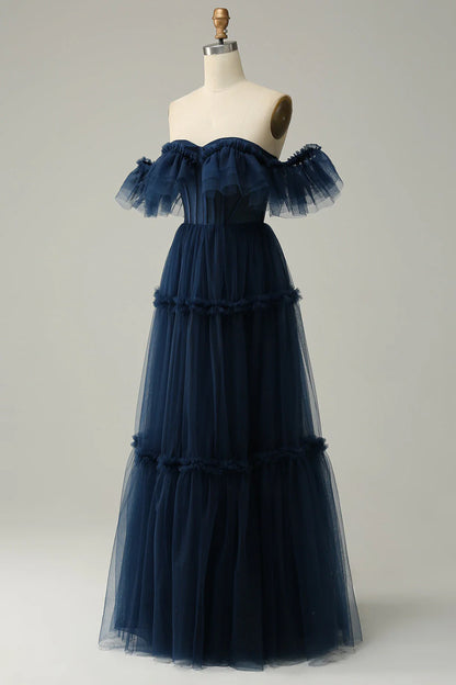 Amzcw Navy A-Line Off the Shoulder Sweetheart Tulle Long Prom Dress